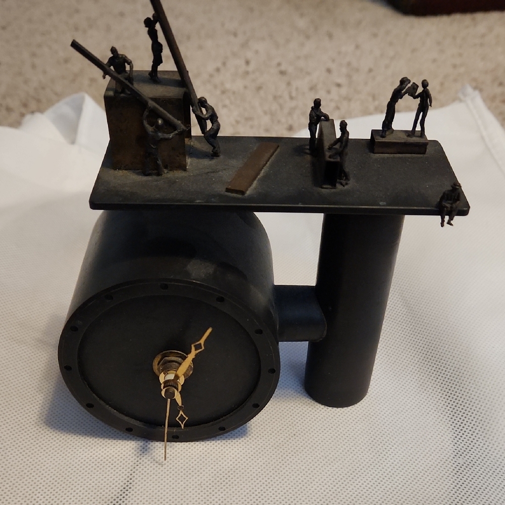 Vintage Winged Camel Metalworks Owen Metal Clock With Tiny Figures